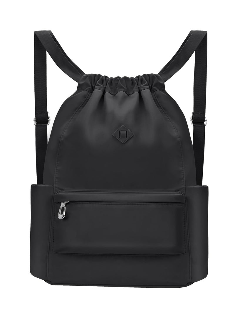 Excefore Drawstring Backpacks, 1PCS Drawstring Bags Cinch Sacks Backpack Pull String Bags, with Wet Pocket Gym Backpack Water Resistant String Bag Cinch Bag for Women Men, Black - Image 1