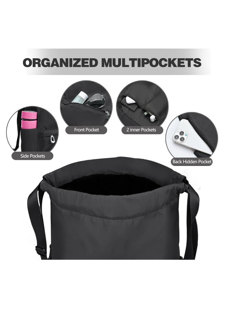 Excefore Drawstring Backpacks, 1PCS Drawstring Bags Cinch Sacks Backpack Pull String Bags, with Wet Pocket Gym Backpack Water Resistant String Bag Cinch Bag for Women Men, Black - Image 4
