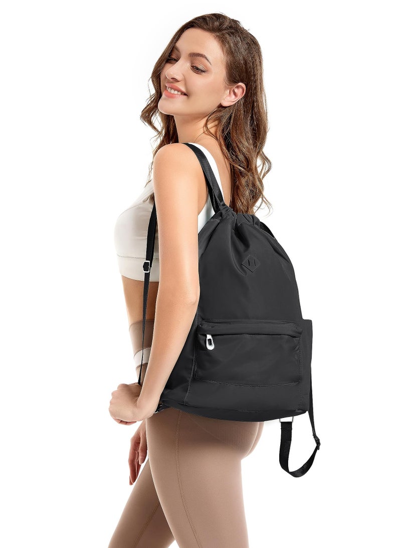 Excefore Drawstring Backpacks, 1PCS Drawstring Bags Cinch Sacks Backpack Pull String Bags, with Wet Pocket Gym Backpack Water Resistant String Bag Cinch Bag for Women Men, Black - Image 3