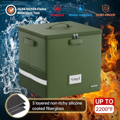 DocSafe Vinyl Record Storage Box with Lock FireproofWater Resistant Record Organizer for 100 Single Records12inch Collapsible Storage Crate with LidHandles for Valuable Album CollectionGreen - Image 3