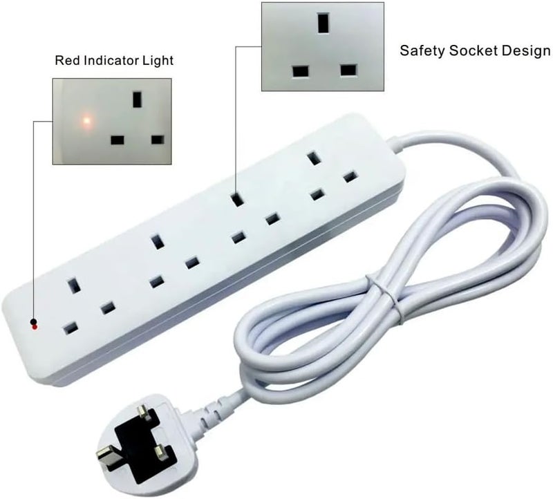 Tafan 13A4 Extension Socket with 10ft Cable, 4 Universal Sockets - Extension Cable with Safety Shutter and LED Indicator - 2500W, UK Plug Extension (White) - Image 3