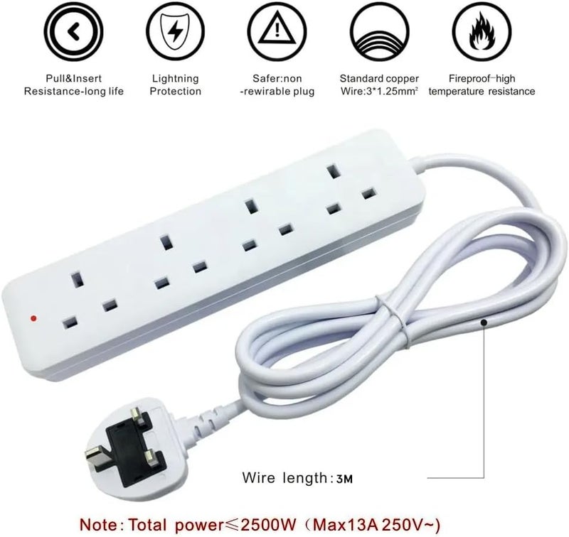 Tafan 13A4 Extension Socket with 10ft Cable, 4 Universal Sockets - Extension Cable with Safety Shutter and LED Indicator - 2500W, UK Plug Extension (White) - Image 2