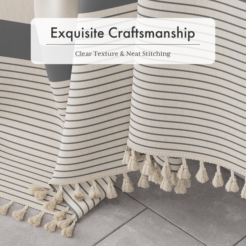 AmazerBath Boho Shower Curtain Set, Grey Shower Curtain with Tassels, Rustic Faux Linen Gray Striped Modern Farmhouse Shower Curtain with Hooks, Light Tan Toned, 72x72 Inches - Image 3