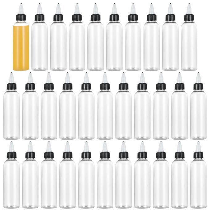 32PCS CLEAR DISPENSING BOTTLES 4OZ PLASTIC SQUEEZE BOTTLES WITH TWIST TOP CAPS FOR OILS INKS LIQUIDS HOUSEHOLD ROUND SQUEEZE BOTTLES FOR CRAFTS KITCHEN FOOD MAKING