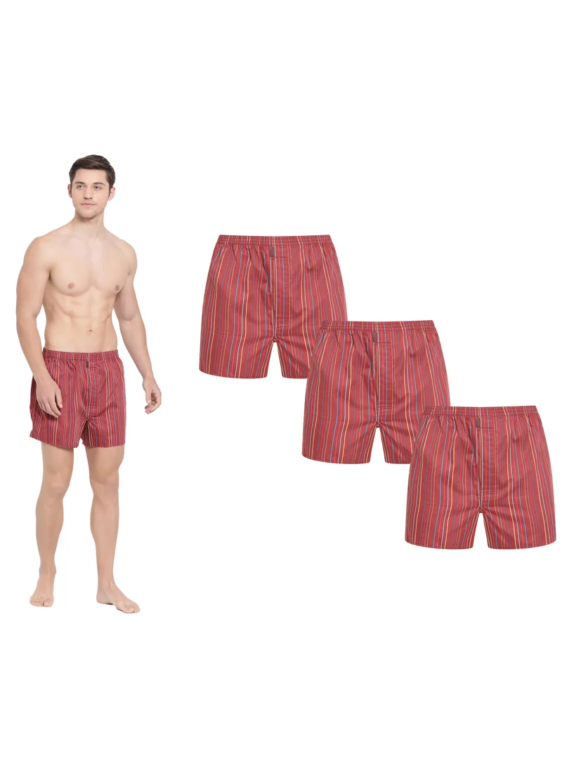 BYC MEN'S STRIPED COTTON BOXER SHORTS (PACK OF 3) - RED