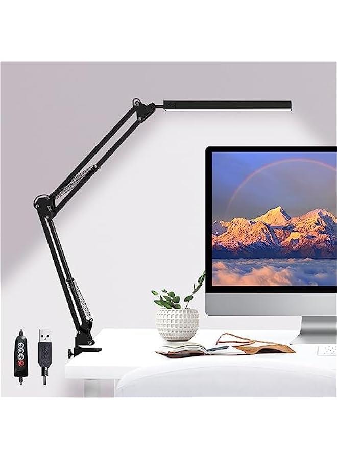 LED Desk Lamp, Metal Swing Arm Clamp Lamp, Adjustable Reading Lamp Eye-Care Desk Light, 3 Color Modes LED Lamp 10 Brightness Dimming Levels Bright Desk Lamp Desk Lamps for Home Office (Black A)