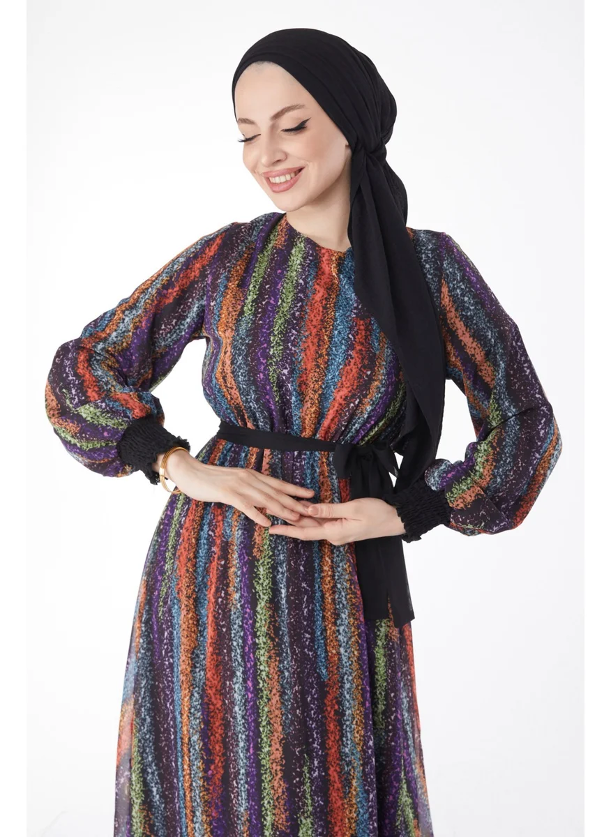 Tofisa 24714-BLACK Patterned Chiffon Dress