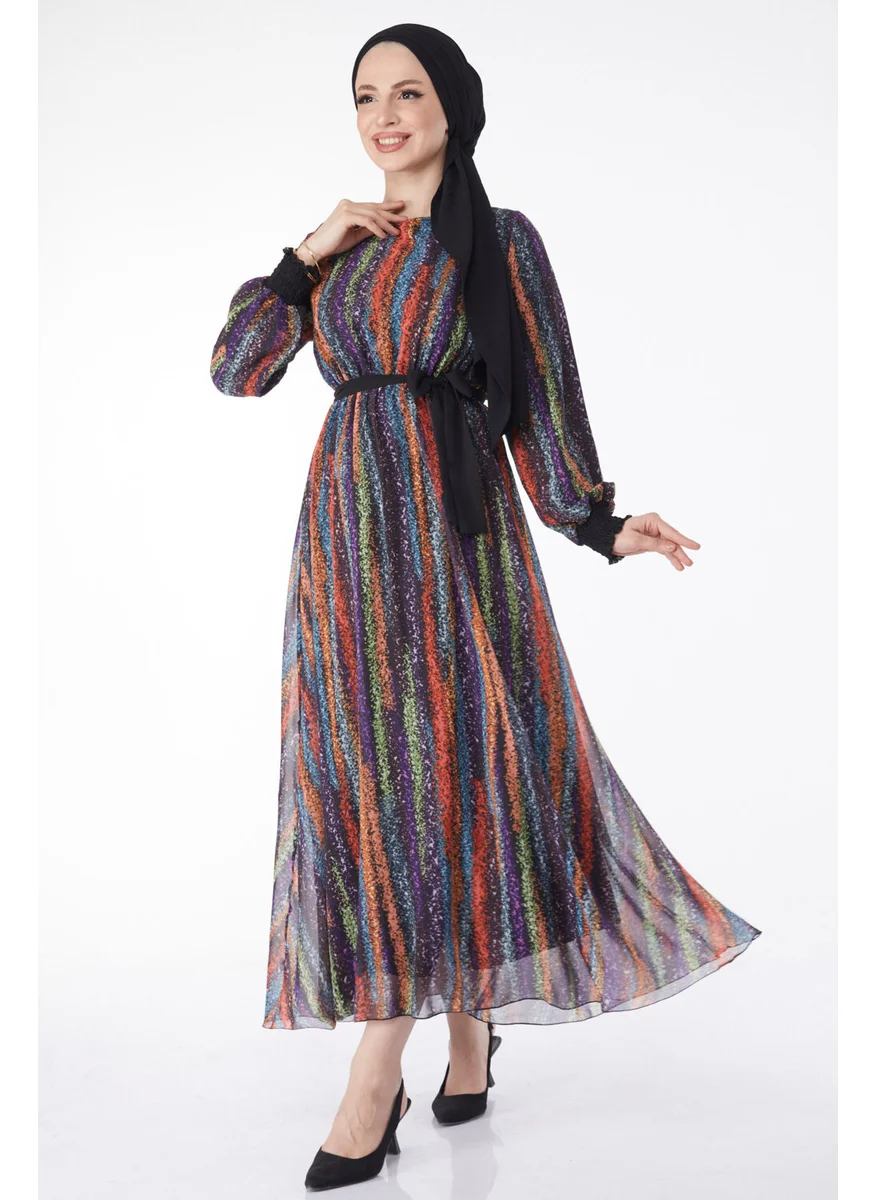 Tofisa 24714-BLACK Patterned Chiffon Dress