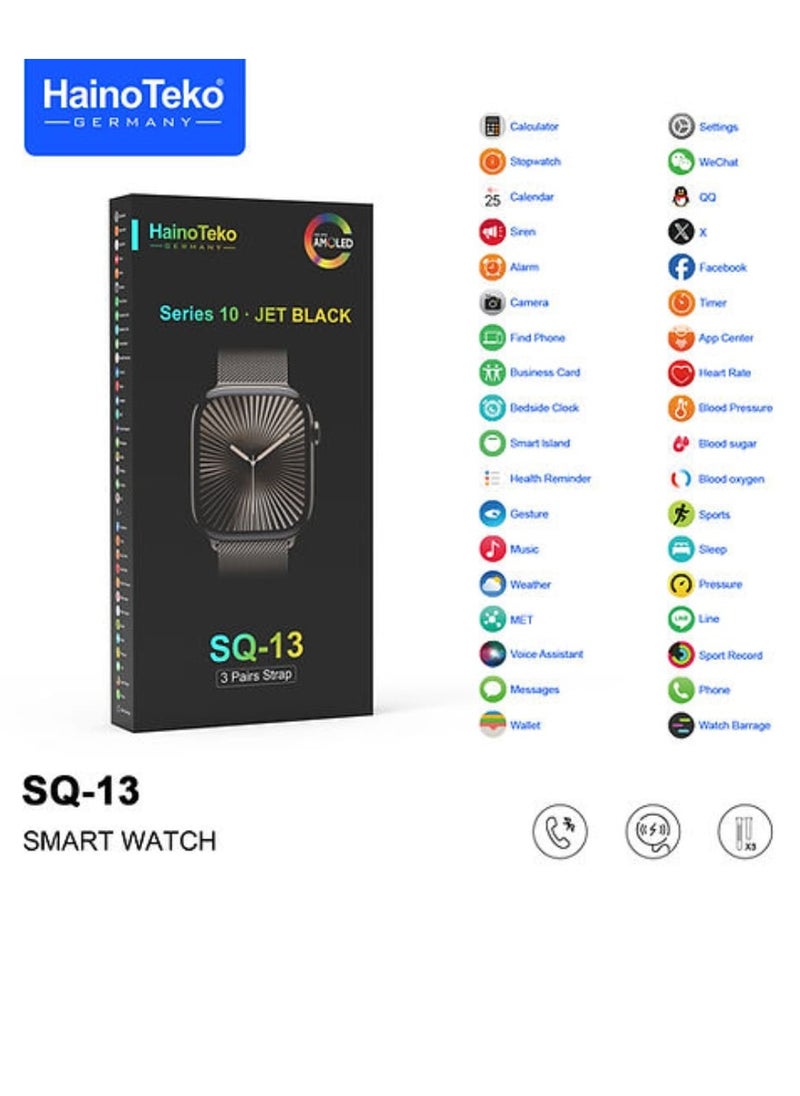 Haino Teko - Smart Watch SQ-13 Series10 Display Screen AMOLED Wireless Charging with 3 Pairs of Straps Black - Image 1