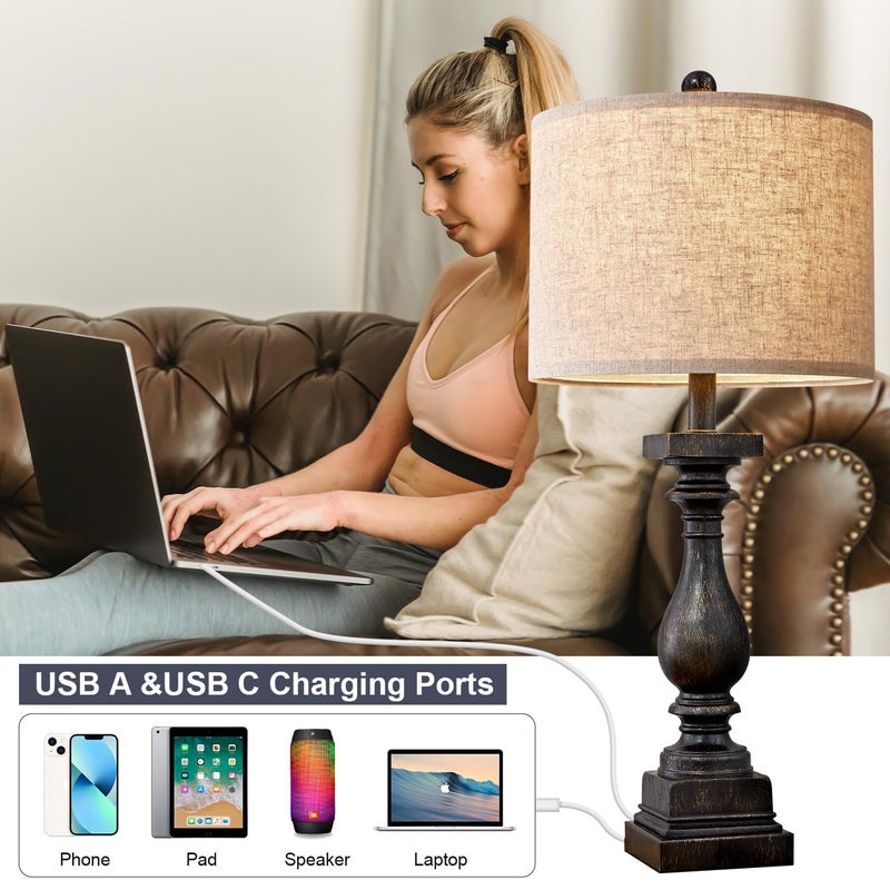 BOBOMOMO Retro 27" USB Charging Ports A/C Farmhouse Single Lamps for Bedrooms Retro Side Table Lamps Bedside Lamp for Side Nightstand Living Room 1 Pack - Image 3