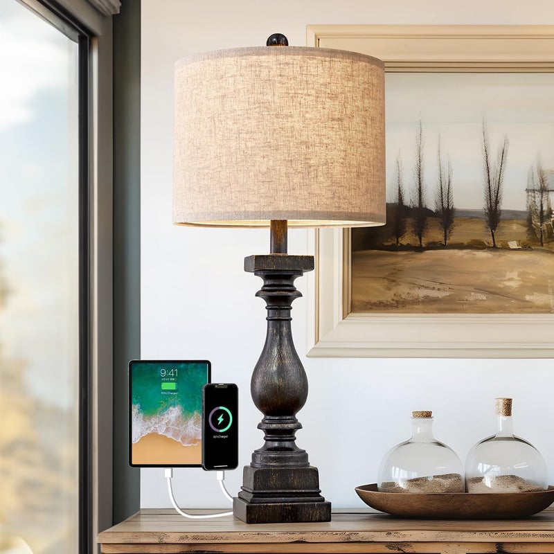 BOBOMOMO Retro 27" USB Charging Ports A/C Farmhouse Single Lamps for Bedrooms Retro Side Table Lamps Bedside Lamp for Side Nightstand Living Room 1 Pack - Image 1