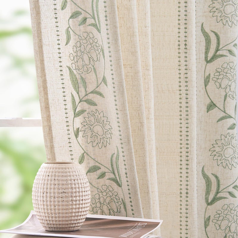 jinchan Winslow Linen Curtains for Bedroom 108 Inches Length Embroidered Bordered Floral Curtains for Living Room Farmhouse Decor Light Filtering Window Treatments Sage on Beige Drapes 2 Panels - Image 1