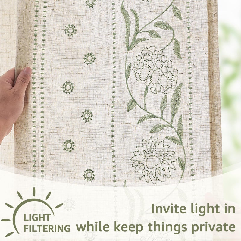 jinchan Winslow Linen Curtains for Bedroom 108 Inches Length Embroidered Bordered Floral Curtains for Living Room Farmhouse Decor Light Filtering Window Treatments Sage on Beige Drapes 2 Panels - Image 5