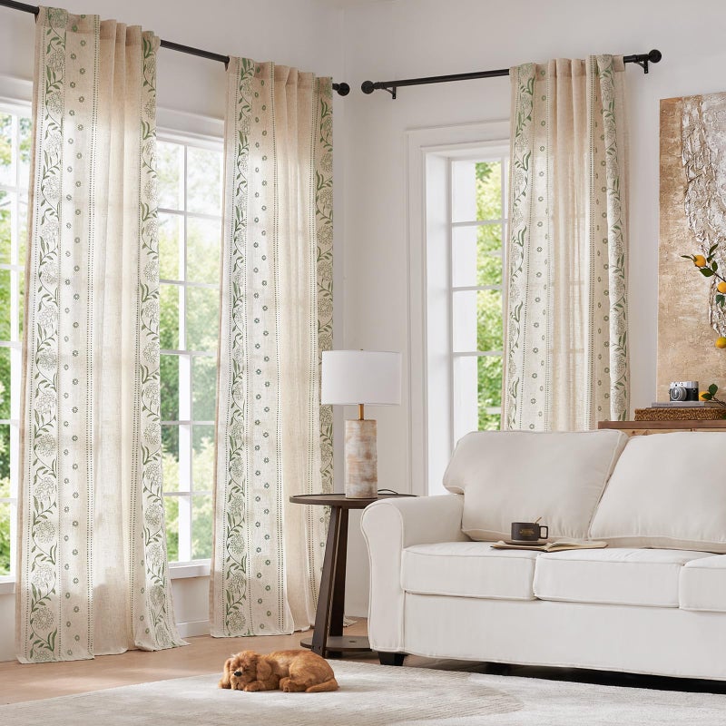 jinchan Winslow Linen Curtains for Bedroom 108 Inches Length Embroidered Bordered Floral Curtains for Living Room Farmhouse Decor Light Filtering Window Treatments Sage on Beige Drapes 2 Panels - Image 2