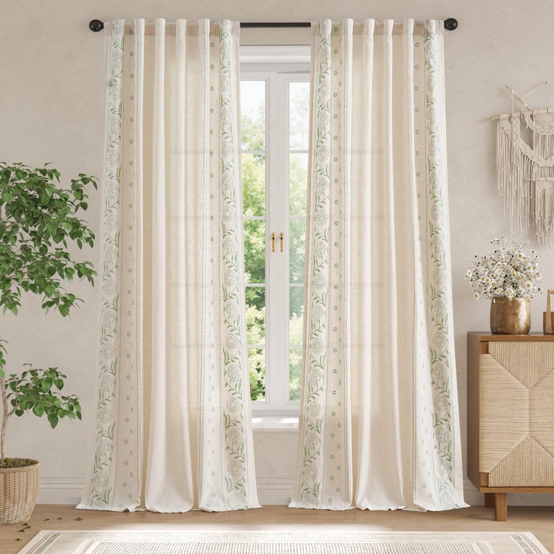 jinchan Winslow Linen Curtains for Bedroom 108 Inches Length Embroidered Bordered Floral Curtains for Living Room Farmhouse Decor Light Filtering Window Treatments Sage on Beige Drapes 2 Panels - Image 3