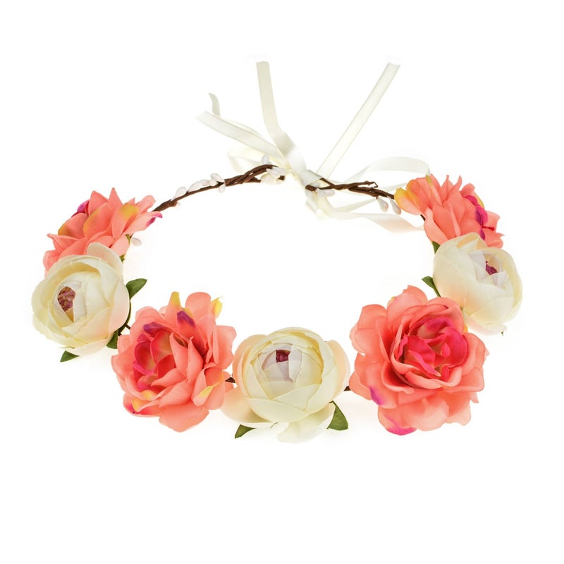 June Bloomy Women Rose Floral Crown Hair Wreath Leave Flower Headband with Adjustable Ribbon Ivory Coral