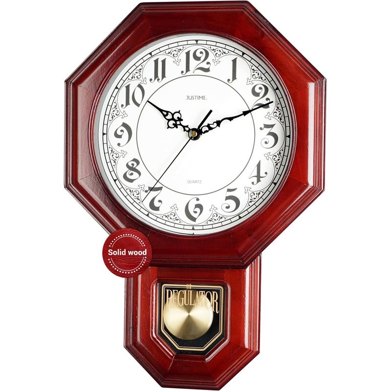 JUSTIME ساعة حائط pendulum خشبية صلبة تقليدية عتيقة من JUSTIME مع جرس كل ساعة لحن ويستمنستر مصنوعة في تايوان خشب أحمر مع جرس ويستمنستر