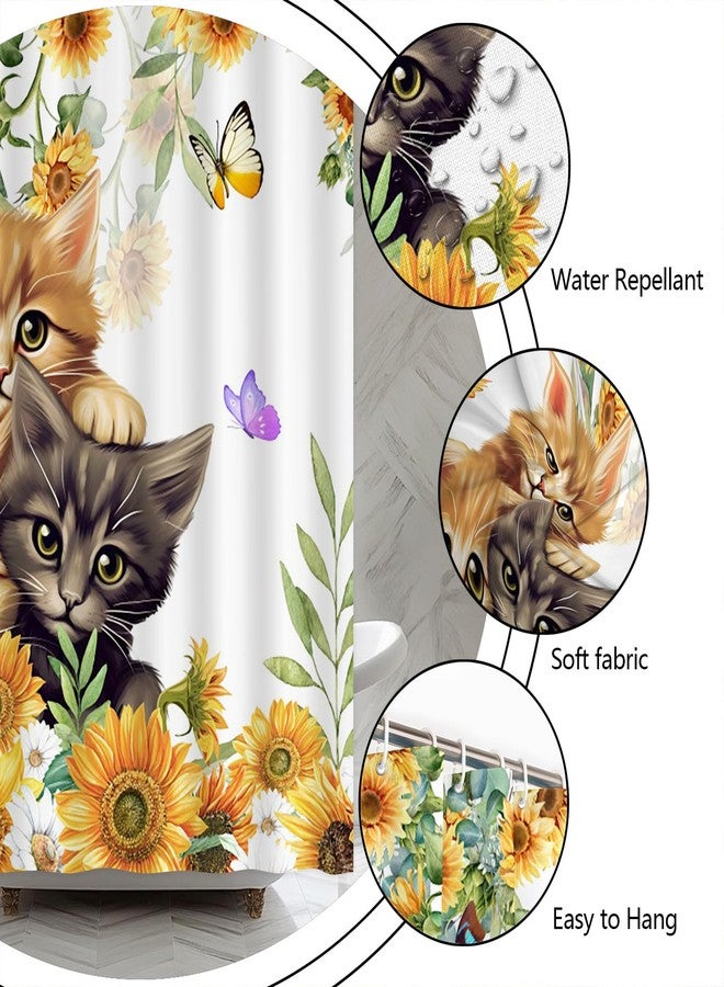Sunflower Cat Shower Curtain Rustic Vintage Floral Farmhouse Kitty Pet Lover Kitten Flower Cats Flowers Butterfly Shower Curtains Set for Bathroom Polyester Fabric with Hooks (70" W x 70" L) - Image 5