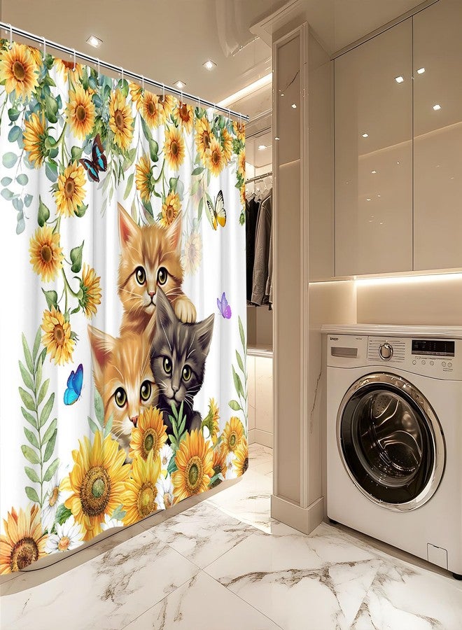 Sunflower Cat Shower Curtain Rustic Vintage Floral Farmhouse Kitty Pet Lover Kitten Flower Cats Flowers Butterfly Shower Curtains Set for Bathroom Polyester Fabric with Hooks (70" W x 70" L) - Image 3