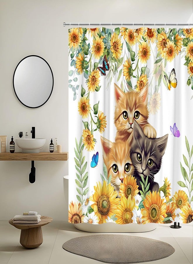 Sunflower Cat Shower Curtain Rustic Vintage Floral Farmhouse Kitty Pet Lover Kitten Flower Cats Flowers Butterfly Shower Curtains Set for Bathroom Polyester Fabric with Hooks (70" W x 70" L) - Image 4