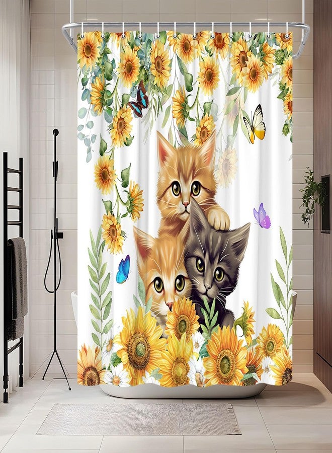 Sunflower Cat Shower Curtain Rustic Vintage Floral Farmhouse Kitty Pet Lover Kitten Flower Cats Flowers Butterfly Shower Curtains Set for Bathroom Polyester Fabric with Hooks (70" W x 70" L) - Image 2