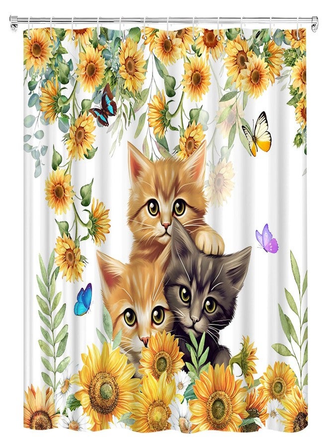 Sunflower Cat Shower Curtain Rustic Vintage Floral Farmhouse Kitty Pet Lover Kitten Flower Cats Flowers Butterfly Shower Curtains Set for Bathroom Polyester Fabric with Hooks (70" W x 70" L) - Image 1
