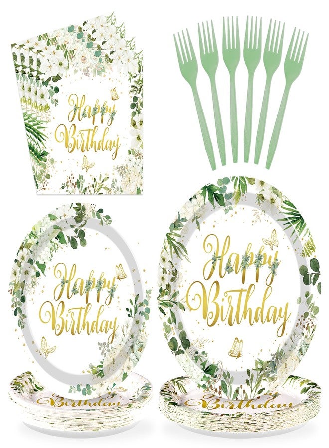 Grencian زينة حفلات عيد ميلاد سعيدة من جرينسيان، 96 قطعة، أطباق عيد ميلاد خضراء عتيقة، أطباق ورقية من الكينا والزهور البيضاء، أدوات مائدة للاستخدام مرة واحدة من سيج لحفلات استقبال المولود، تكفي 24 شخصًا - Image 1
