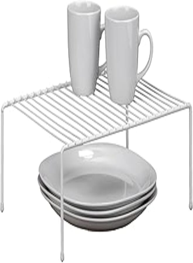KITCHEN DETAILS Free Standing Helper Cabinet and Counter Top Shelf Organizer, Good for Dishes, Mugs, Glasses & Bowls, Iron, White, L