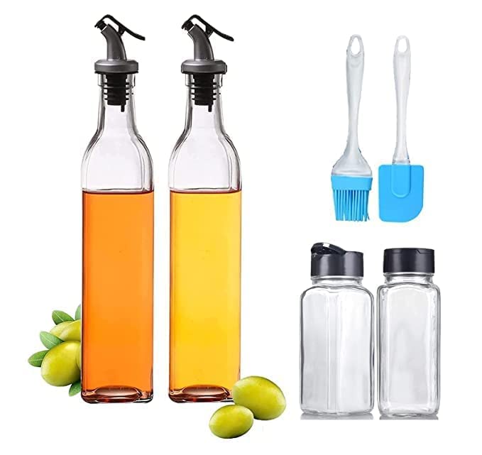 Dcloud Oil Dispenser 500 ml Bottle Set of 2 Spice jar Set of 2 Spatula and Oil Brush Transparent Pack of 6 - Image 1