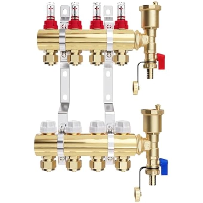 BRASS HEATING CIRCUIT DISTRIBUTOR FOR 4 HEATING CIRCUITS WITH EURO CONE 16  2 MM, UNDERFLOOR HEATING DISTRIBUTOR, QUICK VENT SET, FLOW METER - Image 1