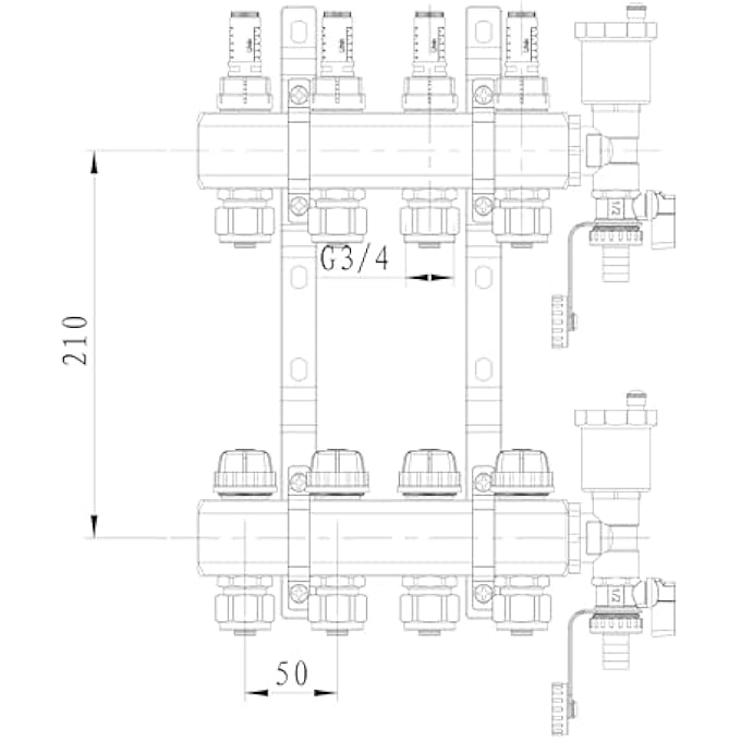 BRASS HEATING CIRCUIT DISTRIBUTOR FOR 4 HEATING CIRCUITS WITH EURO CONE 16  2 MM, UNDERFLOOR HEATING DISTRIBUTOR, QUICK VENT SET, FLOW METER - Image 3