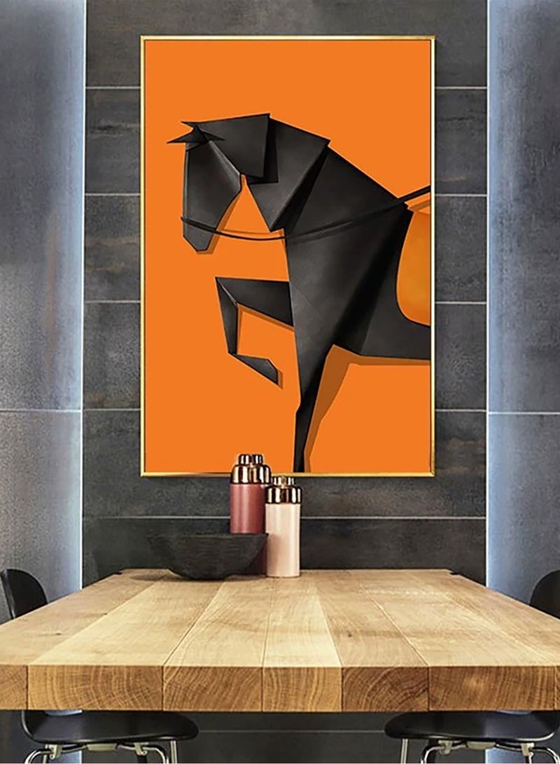 Merry Moments ملصق حصان أسود - عمل فني حصان - جمالية حديثة - فن جداري بسيط - فن جميل لتزيين المنزل والمكتب وغرفة المعيشة وفندق بوتيك - إطار باللون الذهبي 60x80 سم - Image 1