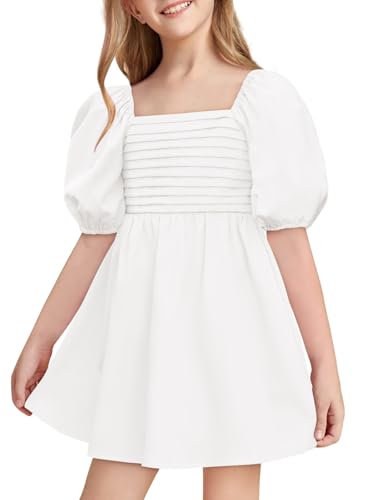 Haloumoning Girls Summer Dress Kids Square Neck Puff Sleeve A-Line Smocked Mini Dresses 5-14 Years White - Image 1