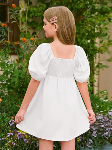 Haloumoning Girls Summer Dress Kids Square Neck Puff Sleeve A-Line Smocked Mini Dresses 5-14 Years White - Image 4