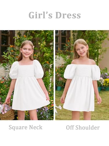 Haloumoning Girls Summer Dress Kids Square Neck Puff Sleeve A-Line Smocked Mini Dresses 5-14 Years White - Image 2