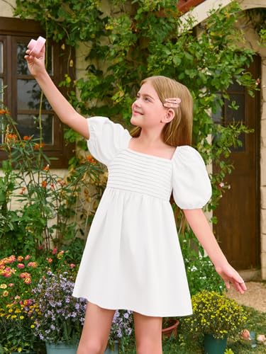 Haloumoning Girls Summer Dress Kids Square Neck Puff Sleeve A-Line Smocked Mini Dresses 5-14 Years White - Image 3