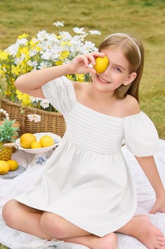 Haloumoning Girls Summer Dress Kids Square Neck Puff Sleeve A-Line Smocked Mini Dresses 5-14 Years White - Image 5