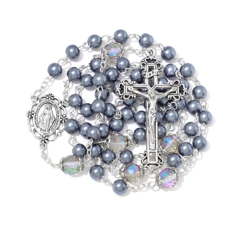 KOMI 6 MM Glass Pearl Rosary Beads Necklace, Color Crystallized Beads Catholic Rosary for Women with Velvet Bag Religious Gifts - Image 1