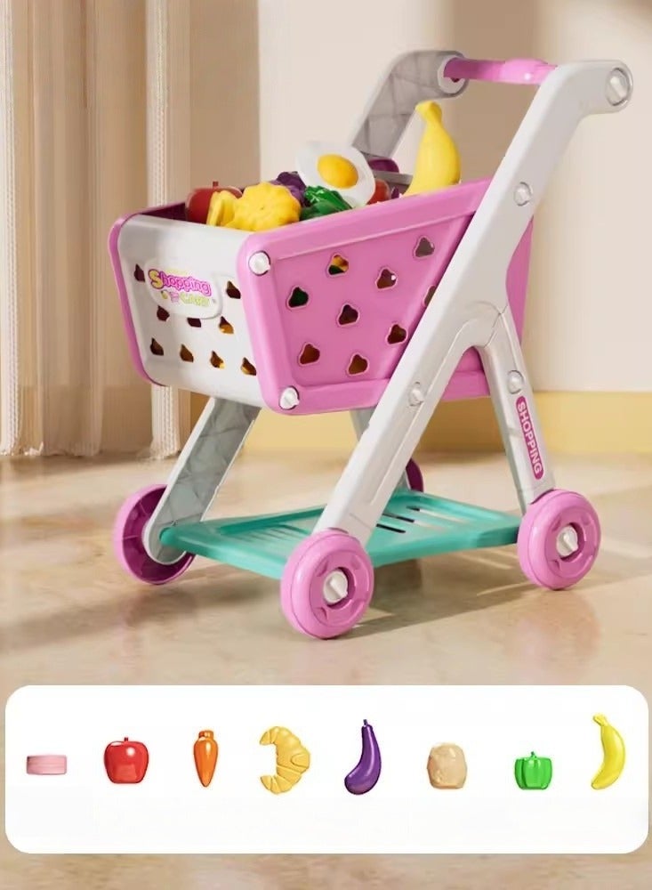 MIXDE 9 PCS Kids Shopping Cart Trolley Play Set with Pretend Food and Accessories,Perfect for Ages 3+ Pretend Play and Role-Playing Games - Image 1