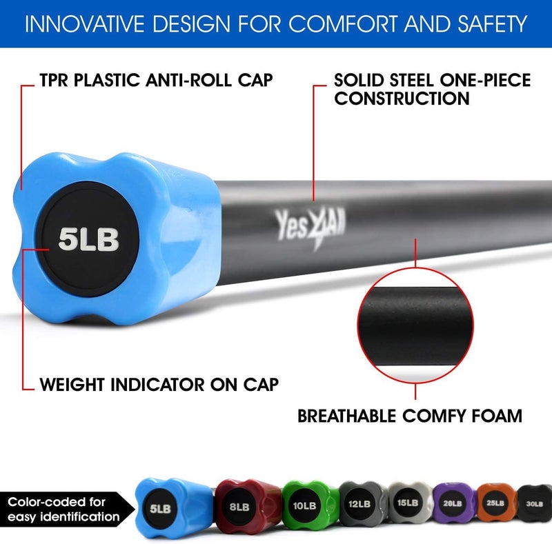 Yes4All Total Body Workout Weighted Pilates Bar, Body Bar For Exercise, Therapy, Aerobics, and Yoga, Strength Training, 5lbs - Image 4