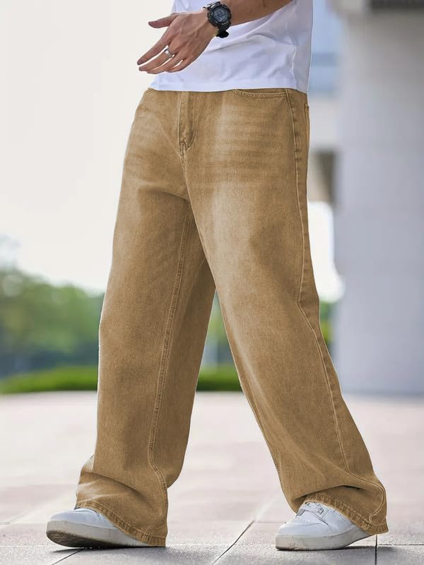 Waltz Men's High Waist Stretchable Oversized Baggy Loose Relax Fit Wide Leg Boy Friend Casual Denim Jeans Pant for Men, Size 36 Khaki - Image 4