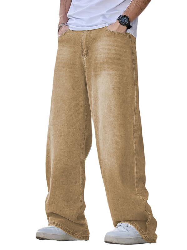 Waltz Men's High Waist Stretchable Oversized Baggy Loose Relax Fit Wide Leg Boy Friend Casual Denim Jeans Pant for Men, Size 36 Khaki - Image 1
