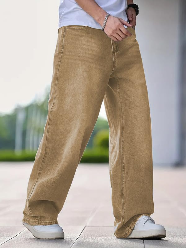 Waltz Men's High Waist Stretchable Oversized Baggy Loose Relax Fit Wide Leg Boy Friend Casual Denim Jeans Pant for Men, Size 36 Khaki - Image 5