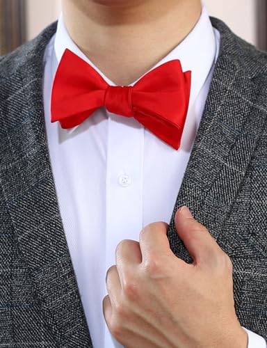 PenSee Mens Self Bow Tie Solid Red Jacquard Woven Silk Bow Ties - Image 2