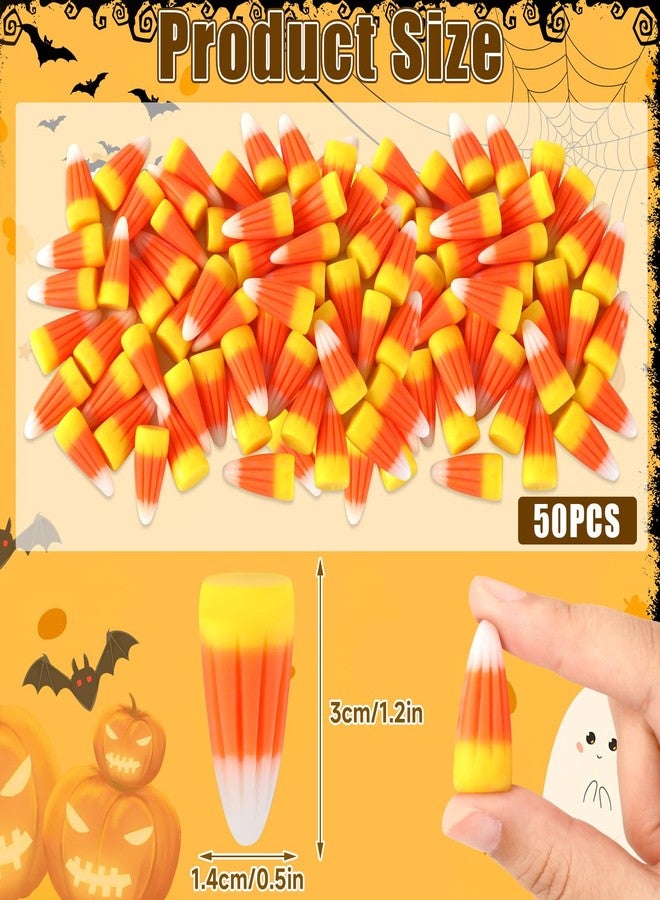 JUNEBRUSHS Halloween Table Decorations, 50 Pcs Fake Candy Corn Resin Candy Corn Decor Artificial Fall Ornaments for Tiered Tray Vase Filler Jewelry Making Halloween Crafts - Image 2