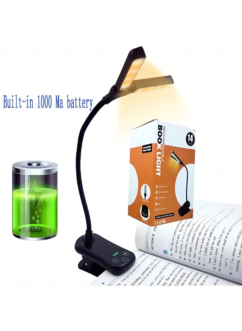 Arabest 1 قطعة مشبك على ضوء الكتاب، USB 14 LED مصباح القراءة ضوء مكتب حماية العين 180 درجة قابل للتعديل بجانب السرير ضوء ليلي 8 تروس كهربائي يعتم  - Image 4