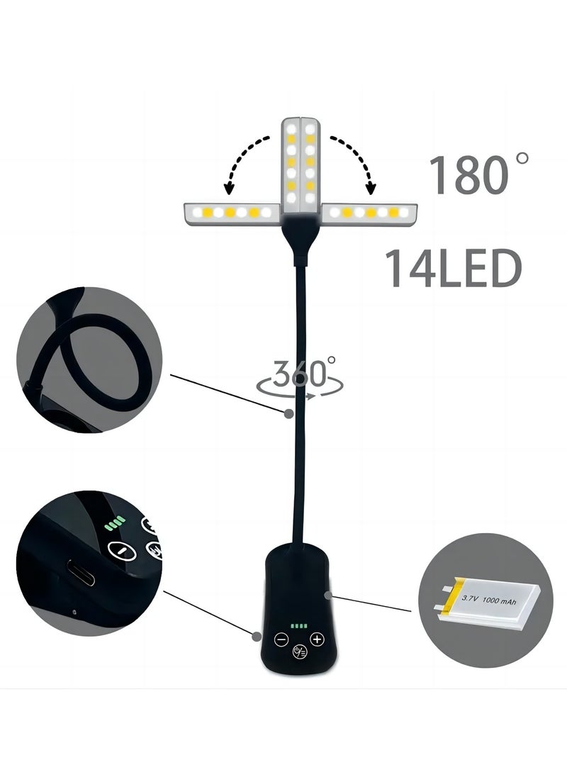 Arabest 1 قطعة مشبك على ضوء الكتاب، USB 14 LED مصباح القراءة ضوء مكتب حماية العين 180 درجة قابل للتعديل بجانب السرير ضوء ليلي 8 تروس كهربائي يعتم  - Image 3