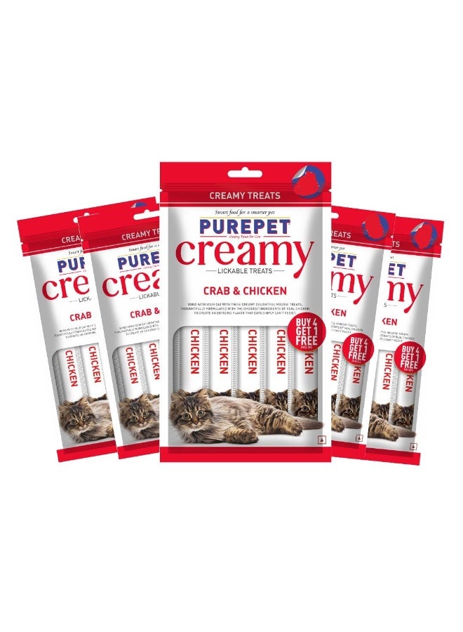 Purepet Creamy lickable Cat Treats (75g x 5 Pouches) Total 375g | Crab & Chicken | Better Digestibility | Supports Skin & Coat Health | Improved Overall Health - Image 1