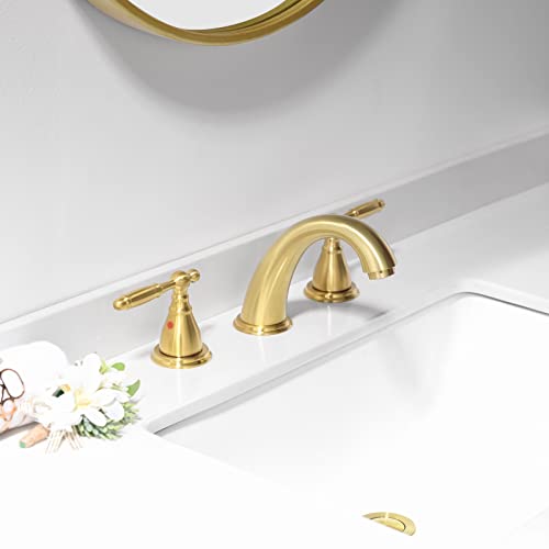 Phiestina Widespread Brushed Gold 8 Inch 3 Hole 2-Handle Bathroom Faucet with Metal Pop-Up Drain Assembly, Low Arc Bathroom Sink Faucet, WF008-4-BG - Image 2