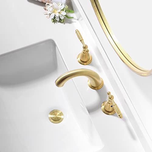 Phiestina Widespread Brushed Gold 8 Inch 3 Hole 2-Handle Bathroom Faucet with Metal Pop-Up Drain Assembly, Low Arc Bathroom Sink Faucet, WF008-4-BG - Image 3